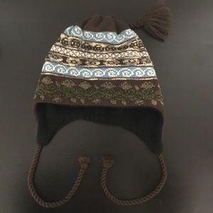 TURTLE FUR brown and blue tassel beanie one size